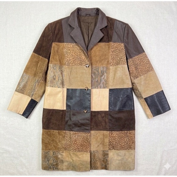 Via Accenti Jackets & Blazers - Via Accenti Vtg Patchwork Leather Animal Print Coat Brown Tan Sz 16W / 18W Y2K